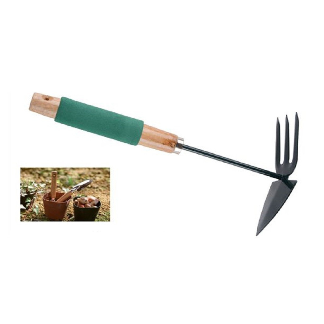 foto del prodotto trade shop - mini rastrello punta con tridente 30cm in metallo impugnatura legno spugna 90054 -