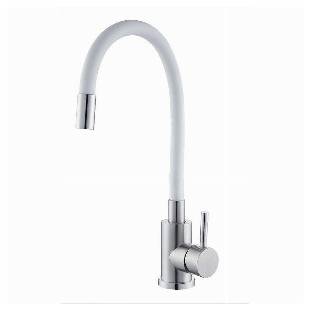 foto del prodotto trade shop miscelatore rubinetto lavello cucina canna flessibile bianco acciaio satinato 52688 