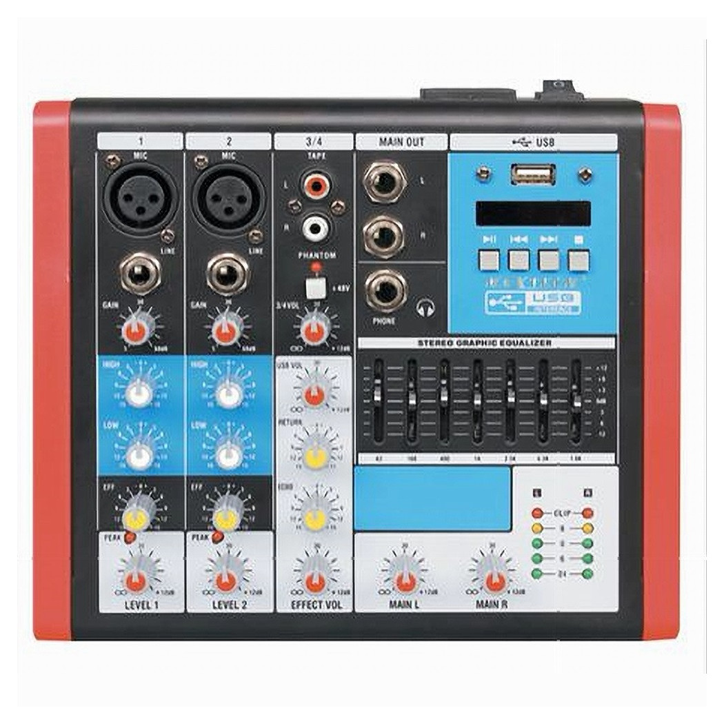 foto del prodotto trade shop mixer audio 4ch equalizzatore 2 ingressi mic xlr phantom usb mp3 display maxtech mix 4ch 