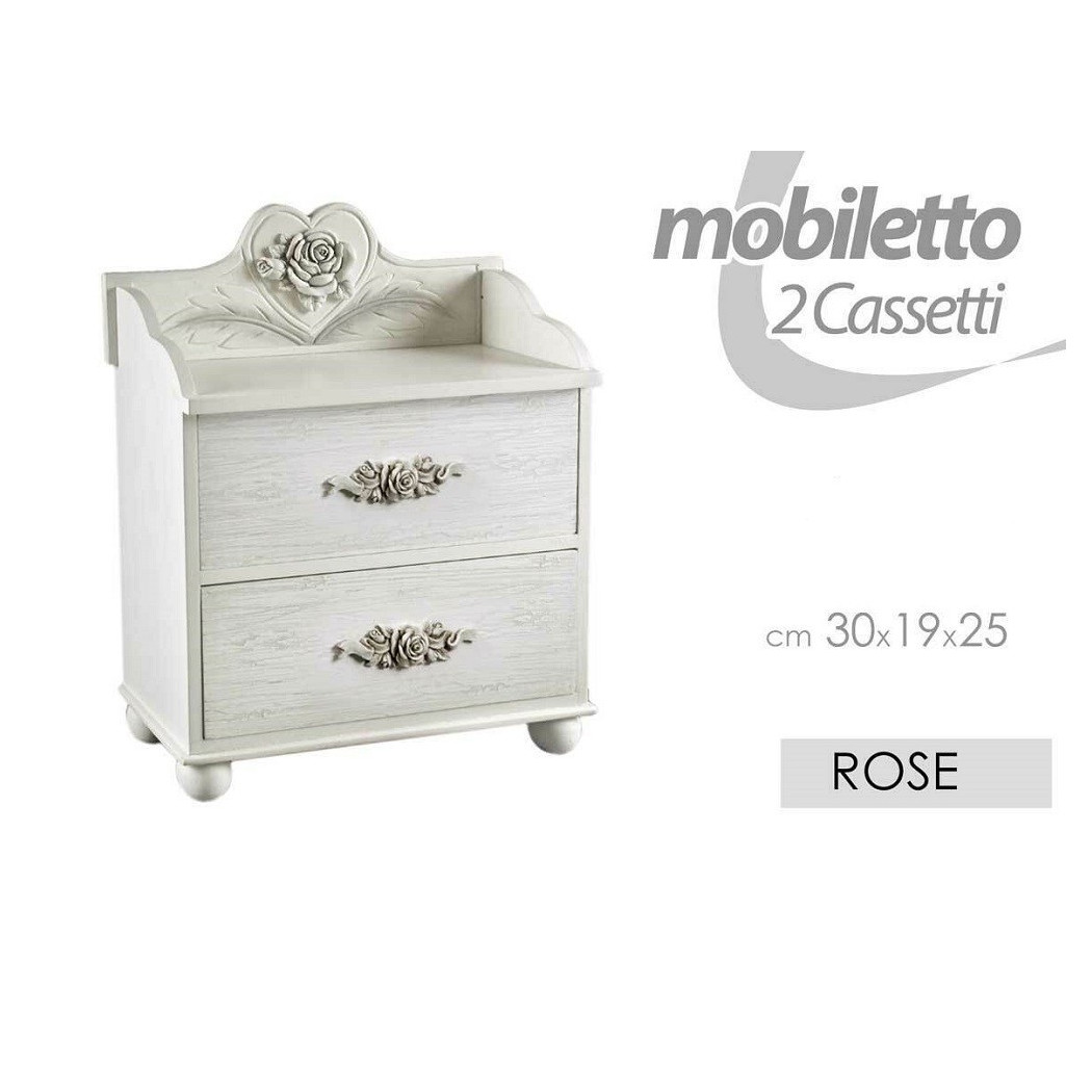 foto del prodotto trade shop mobiletto 2 cassetti legno porta oggetti comodino rose 30x19x25cm bianco 574665 
