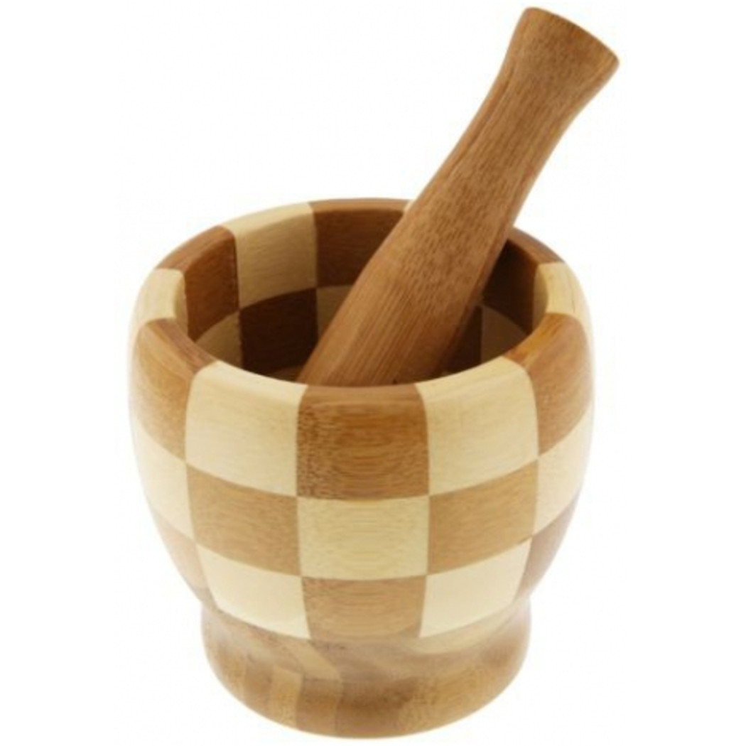 foto del prodotto trade shop mortaio pestello manuale 11.5x10 cm in bamboo legno per pesto spezie condimento 