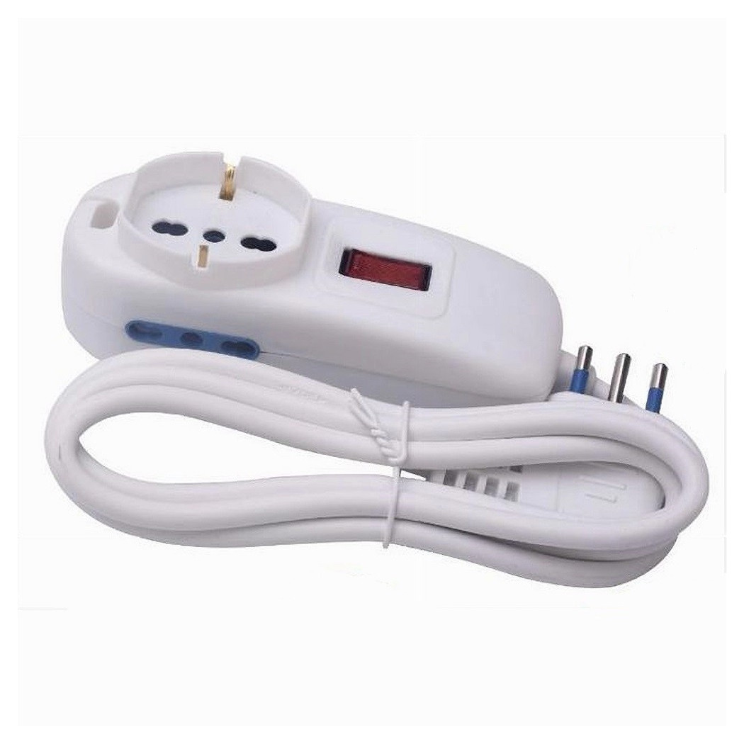 foto del prodotto trade shop multipresa 1 uscite universali 2 bipasso 10 16a spina 10a cavo 1.5mt bianco 80187n 
