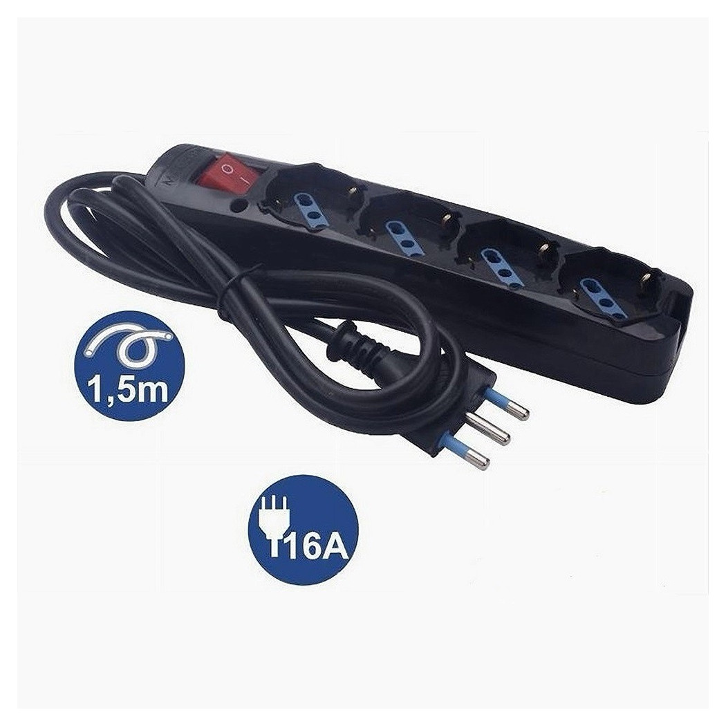 foto del prodotto trade shop multipresa 4 uscite universali schuko spina 16a cavo 1.5mt nero interrutore 80097n 
