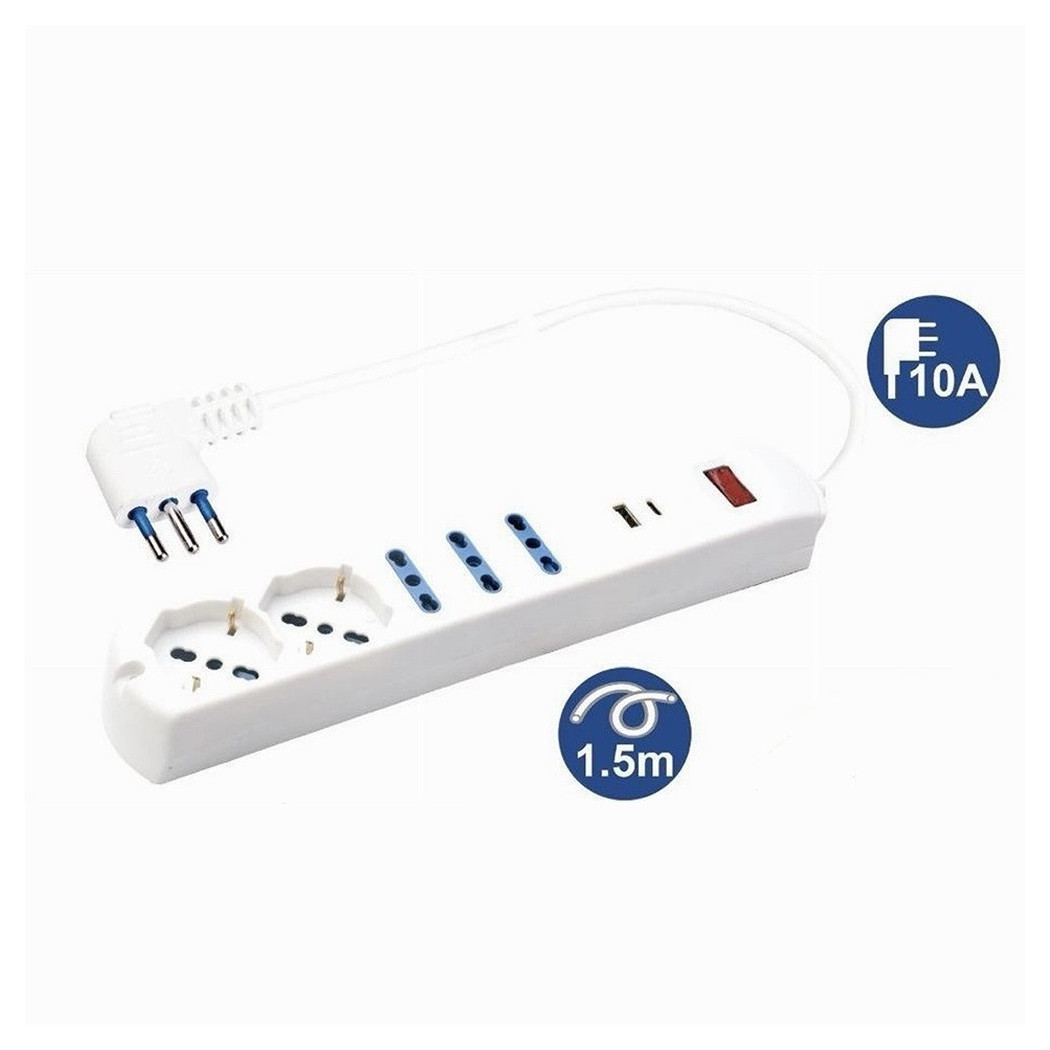 foto del prodotto trade shop multipresa 7 in 1 usb a c 3 prese per bipasso 2 schuko eu cavo 1,5mt 80080 