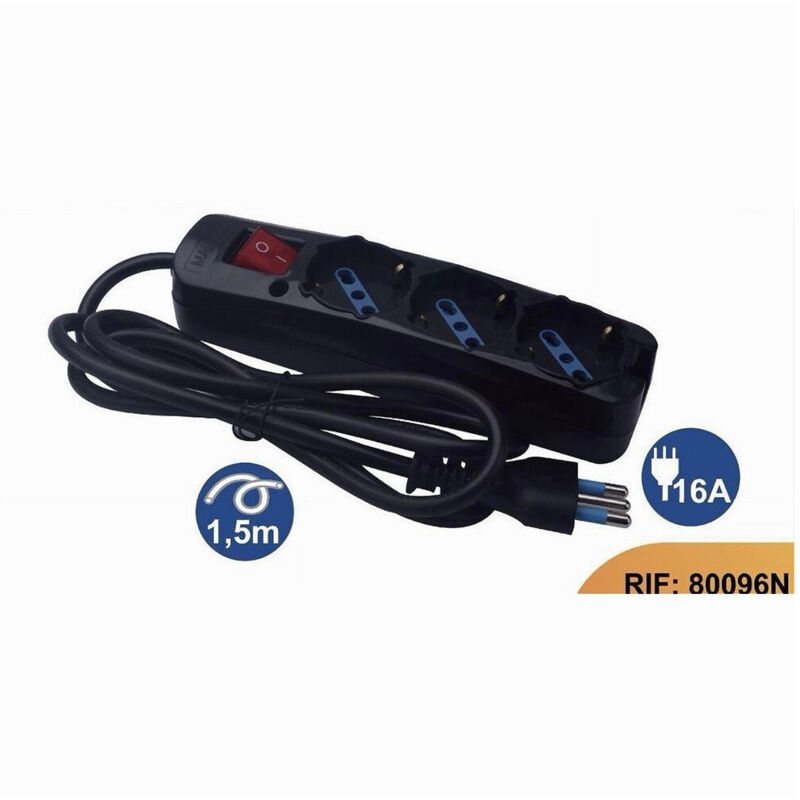 foto del prodotto trade shop multipresa nera cavo 1,5mt spina 16a 3 uscite schuko protezione bambini 80096n 
