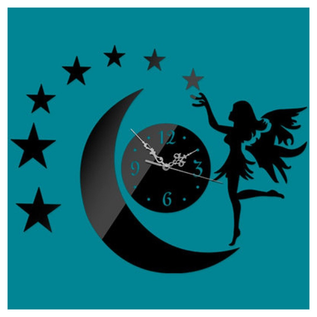 foto del prodotto trade shop orologi da parete adesivo orologio moderno per bambina con fata luna effetto specchio 