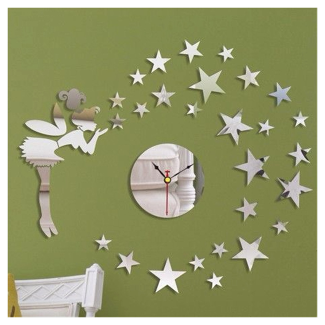 foto del prodotto trade shop orologio adesivo fata stelle 3d effetto specchio da parete casa moderna decorazione 