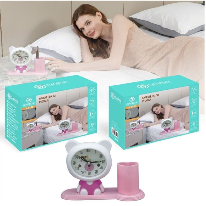 foto del prodotto trade shop orologio analogico sveglia a forma di orsacchiotto con portapenne tavolo tx 9123 