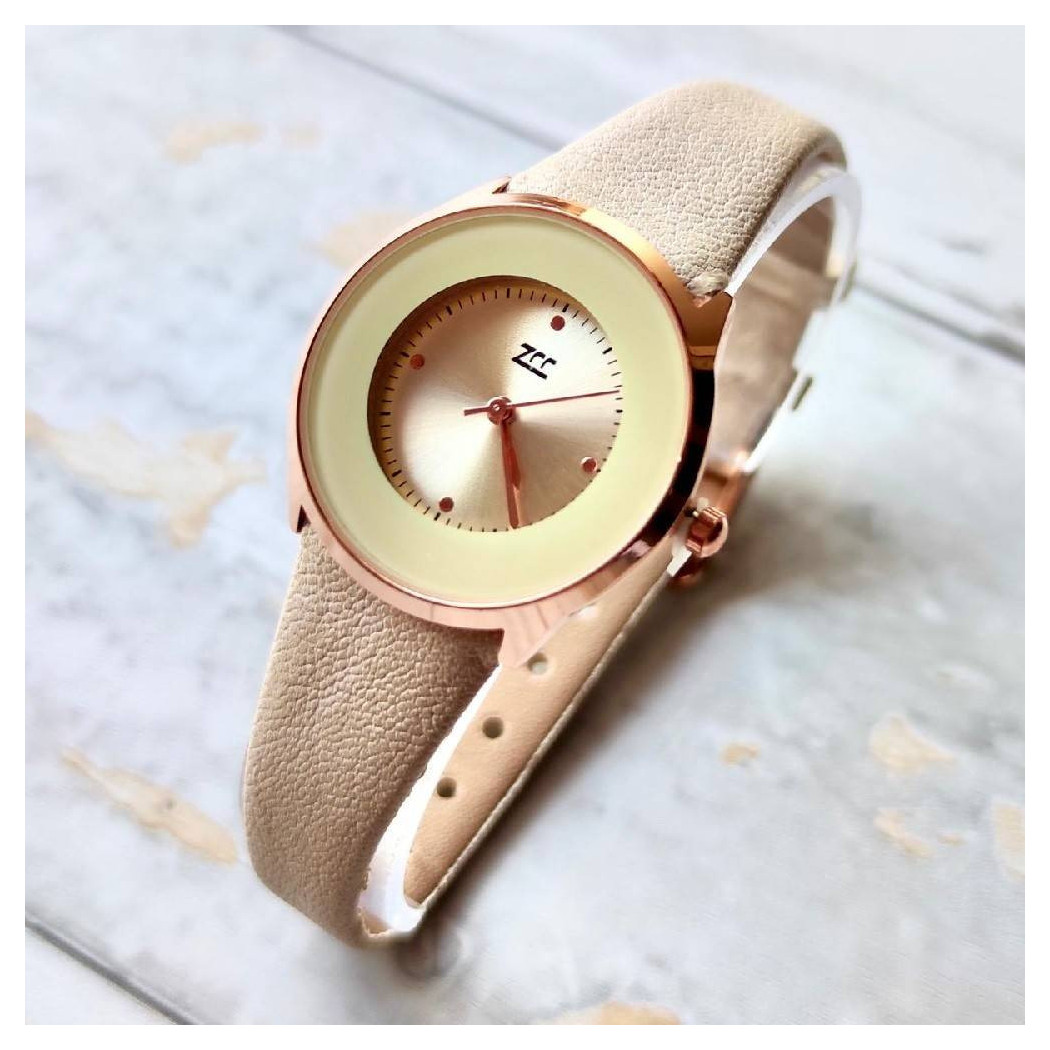 foto del prodotto trade shop orologio da polso zcc analogico moda elegante casual beige con cinturino pelle 