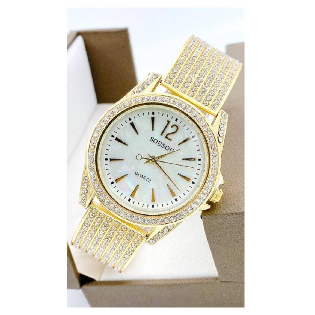 foto del prodotto trade shop orologio polso sousou 6733 donna quarzo acciaio brillantini dorato fondo bianco 