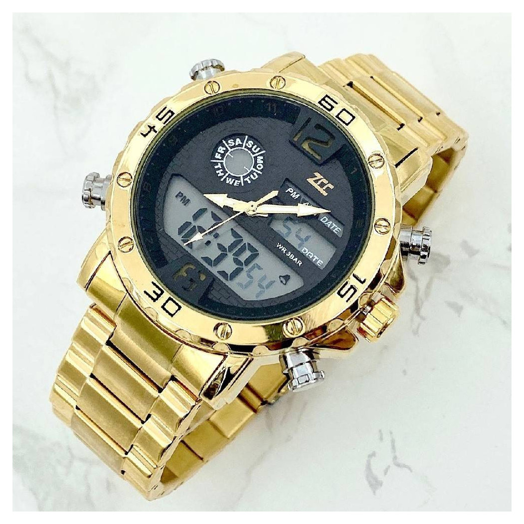 foto del prodotto trade shop orologio polso zcc uomo acciaio dual time data allarme impermeabile dorato nero 