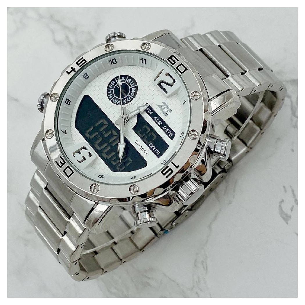 foto del prodotto trade shop orologio polso zcc uomo acciaio dual time data allarme impermeabile silver bianco 