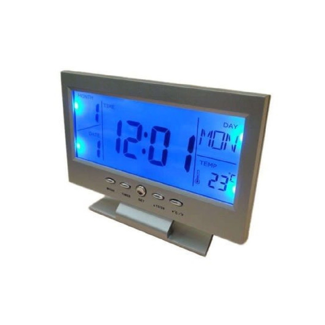 foto del prodotto trade shop orologio sveglia temperatura calendario da tavolo lcd allarme sonoro illuminato 