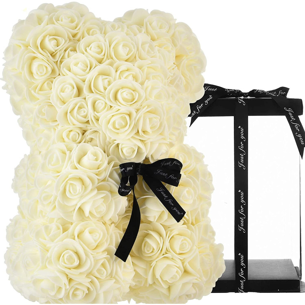 foto del prodotto trade shop orsacchiotto orsetto orso di rose con fiori artificiali da 25cm san valentino bianco