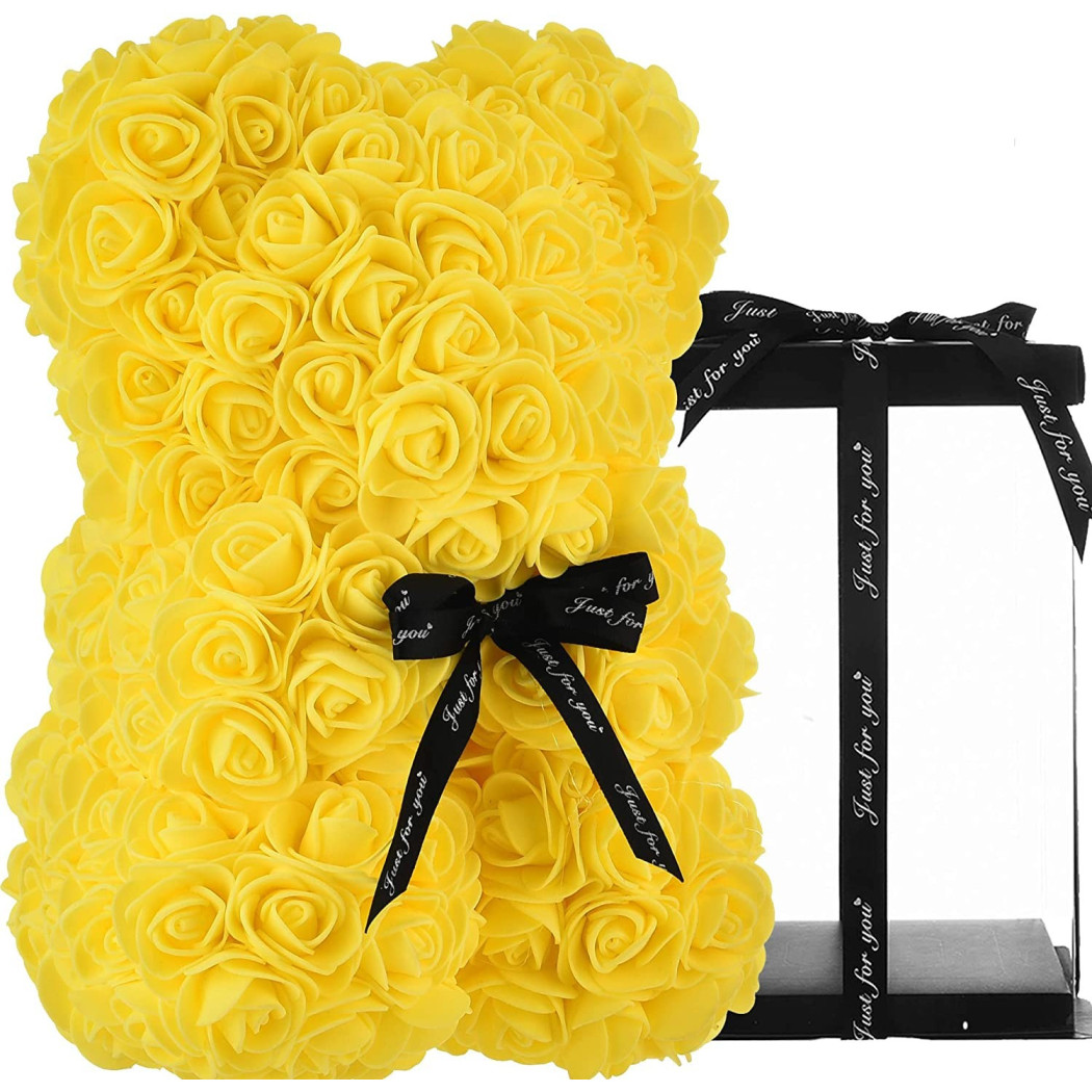 foto del prodotto trade shop orsacchiotto orsetto orso di rose con fiori artificiali da 25cm san valentino giallo