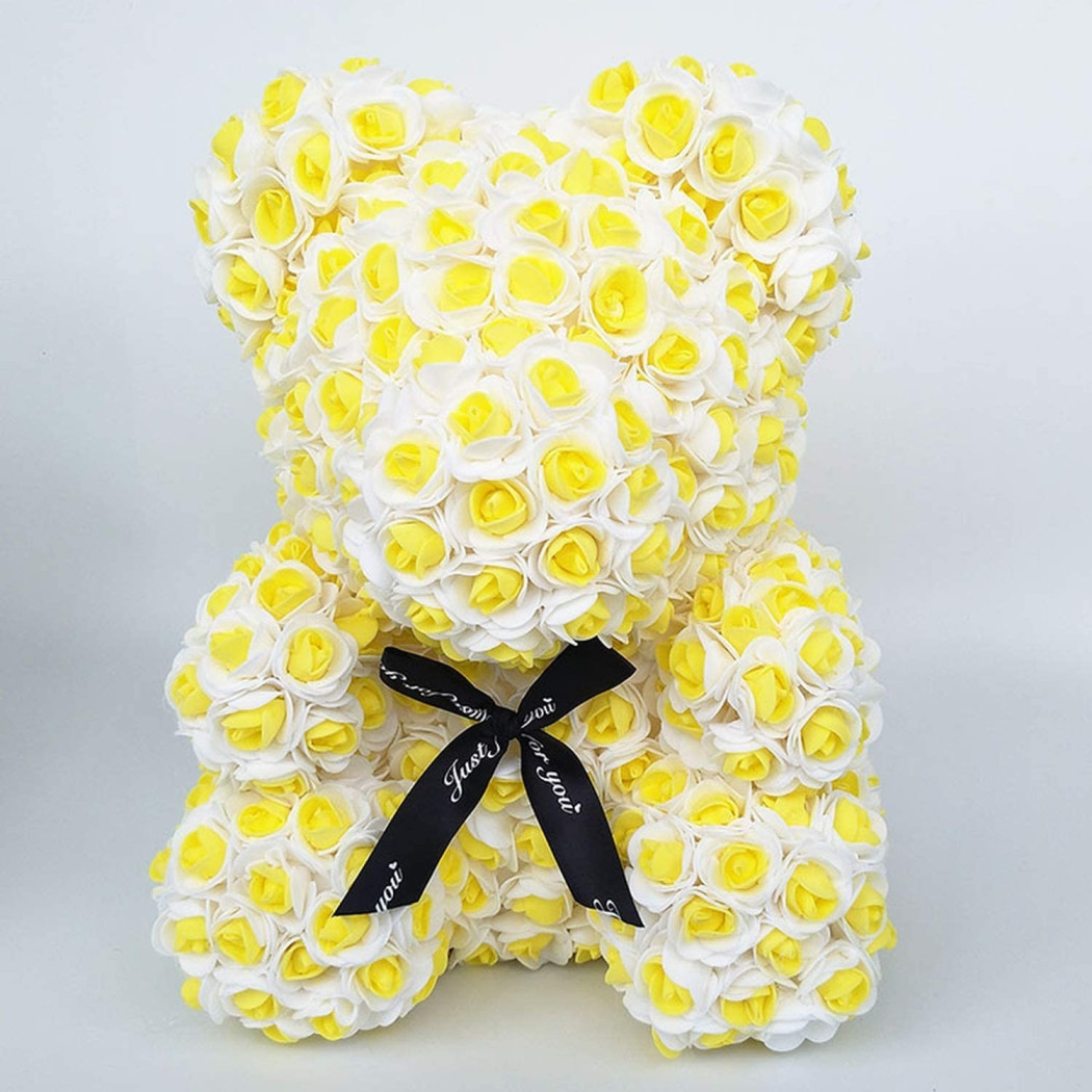 foto del prodotto trade shop orsacchiotto orsetto orso di rose con fiori rose da 25cm colore giallo e bianco 