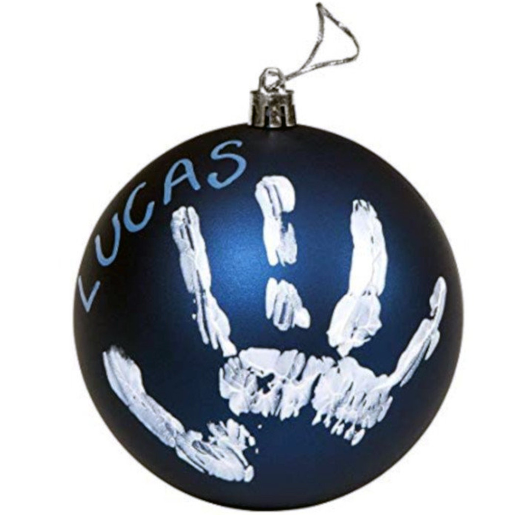 foto del prodotto trade shop pallina di natale decorazione natalizia per albero con kit impronta calco mano blu