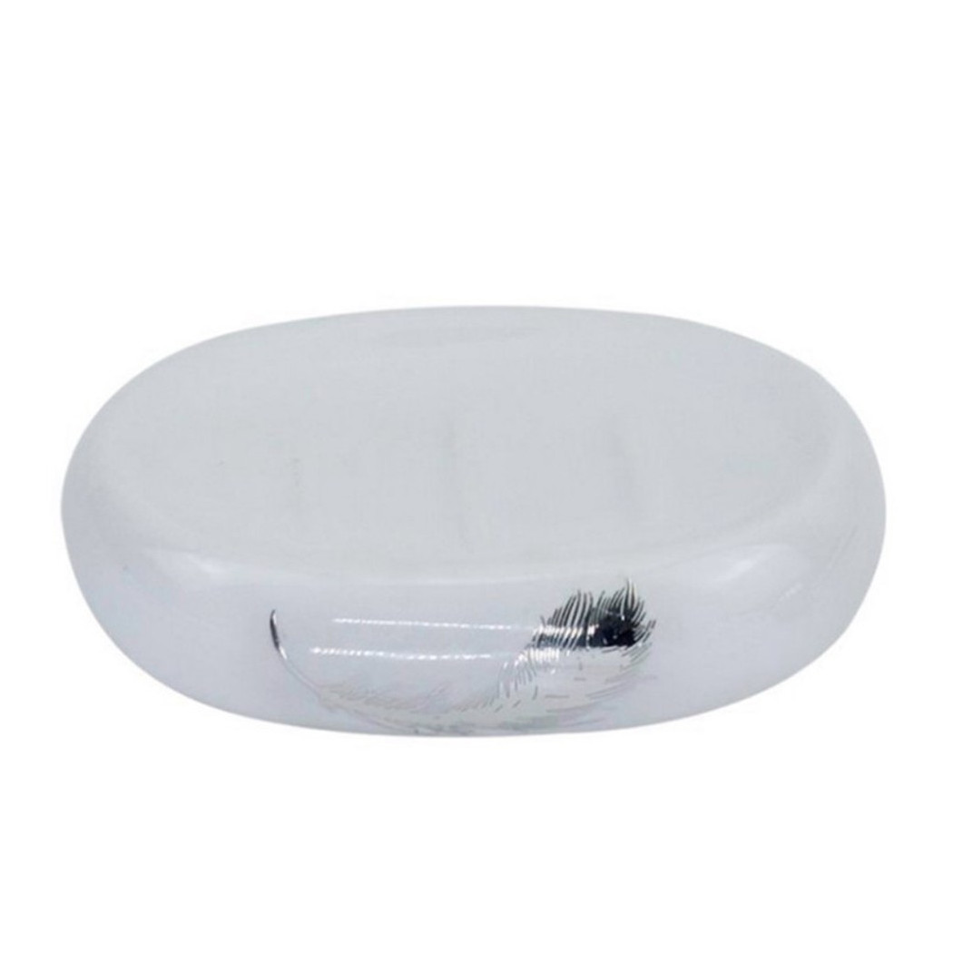 foto del prodotto trade shop piattino per sapone saponetta ceramica bianca decorato piuma argento bagno 59900 