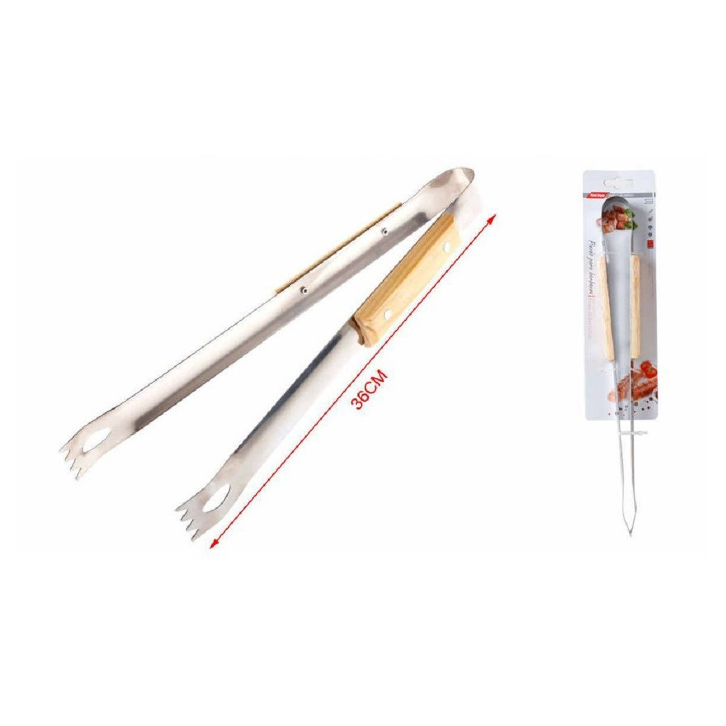 foto del prodotto trade shop pinza per barbecue grigliate 36 cm carne pesce verdure in legno acciaio 2406329 