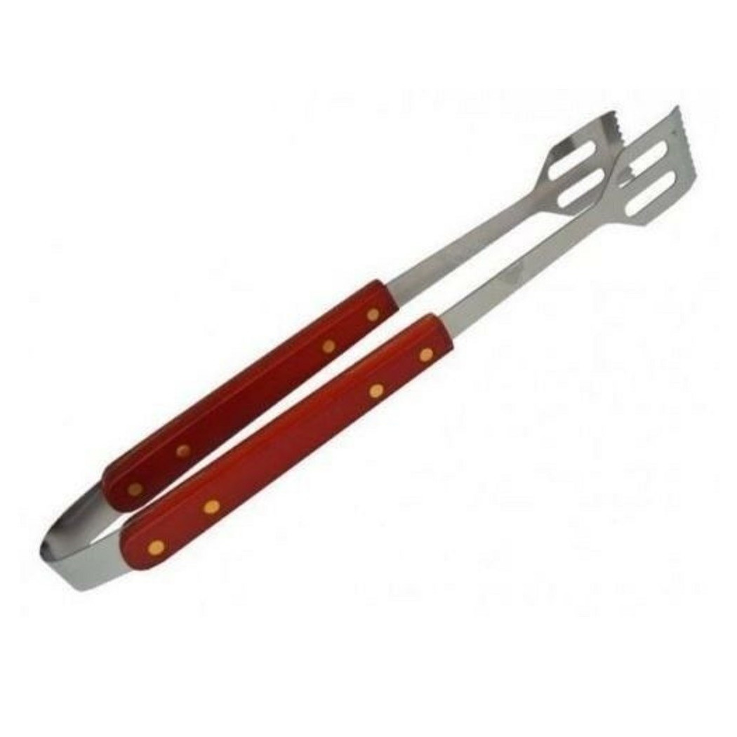foto del prodotto trade shop pinza per barbecue in acciaio con manico legno griglia attrezzo bbq 