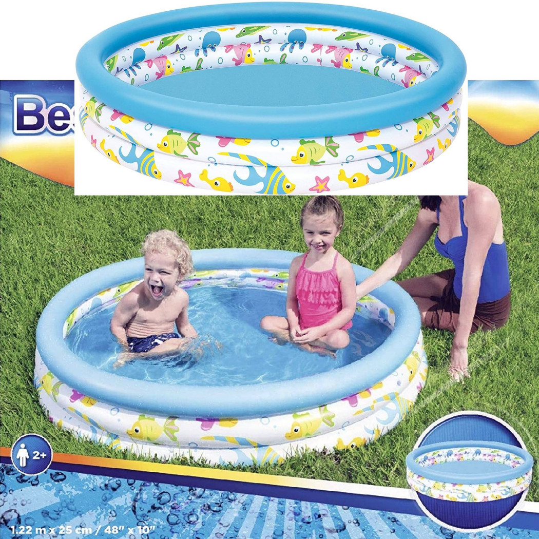 foto del prodotto trade shop piscina rotonda 122cm gonfiabile fuoriterra pesciolini bambini giardino 3 anelli 