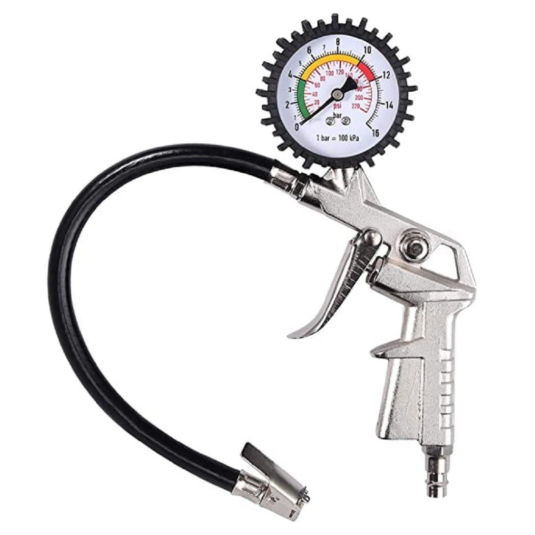 foto del prodotto trade shop pistola manometro per gonfiaggio misura pressione gomme auto moto bici psi bar tubo 30cm 