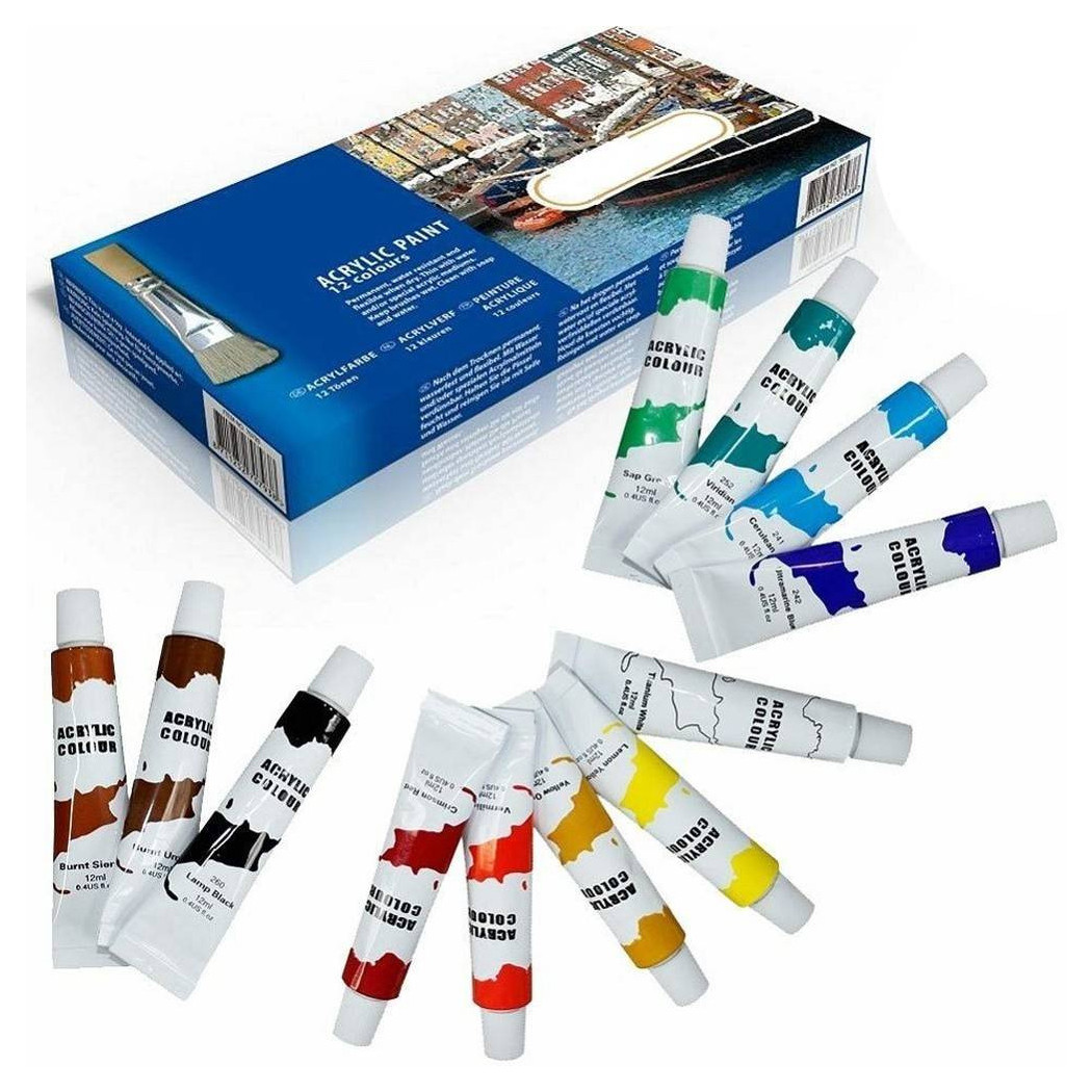 foto del prodotto trade shop pittura acrilica confezione 12 pezzi acquerelli vari colori tubo 12 ml 