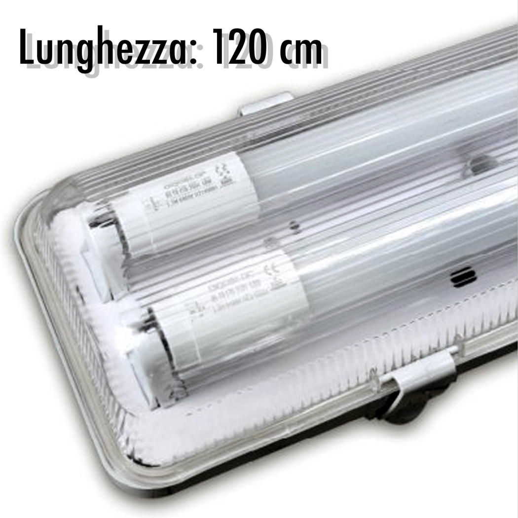 foto del prodotto trade shop - plafoniera stagna completa di 2 tubo neon a led 120cm per soffitto parete ip65 -