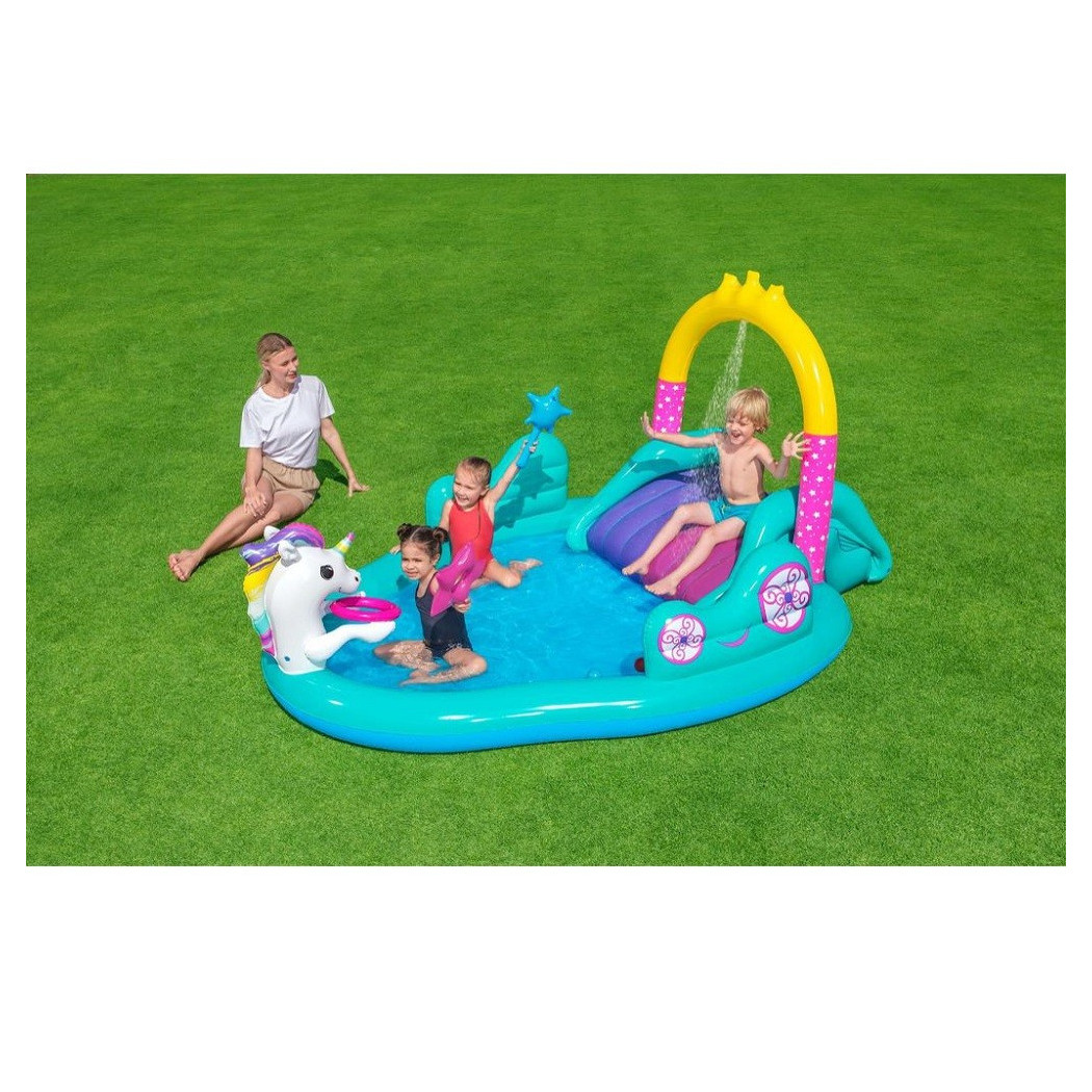 foto del prodotto trade shop play center magico unicorno piscina 274x198x137cm scivolo anelli bacchetta 53097 
