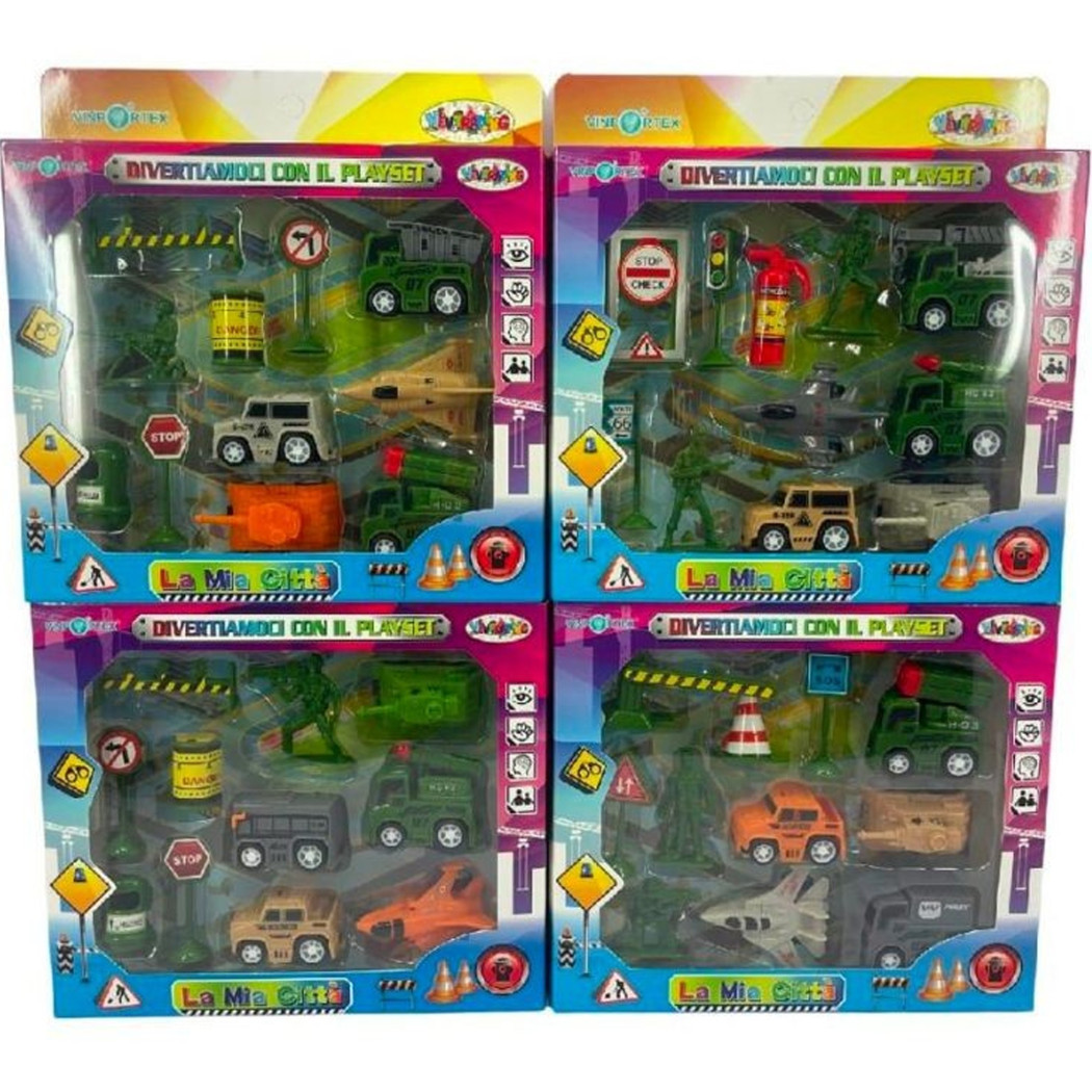 foto del prodotto trade shop playset militare assortito con vari pezzi gioco bambini veicoli macchine segnali 