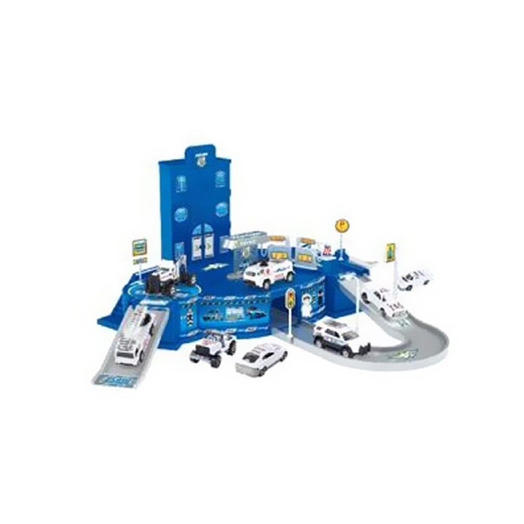 foto del prodotto trade shop playset stazione forze dell 39 ordine con rampe pitstop 3 macchinine 1 elicottero 