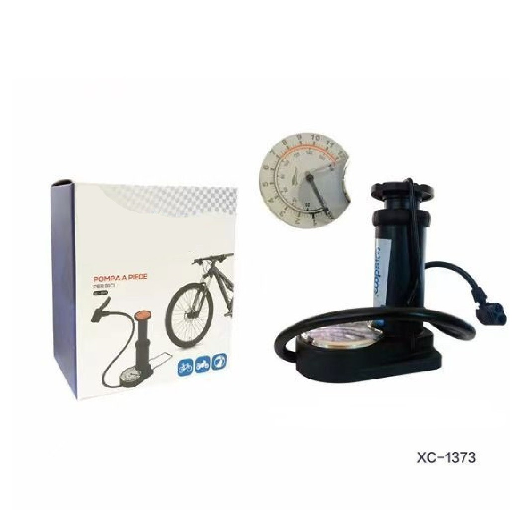 foto del prodotto trade shop pompa a pedale piede gonfiatore per ruote biciclette moto palle manometro xc1373 