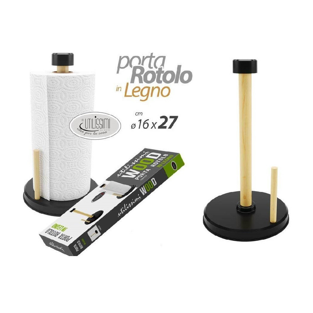 foto del prodotto trade shop - porta rotolo carta cucina in legno 16x27cm supporto portarotolo verticale 838286 -