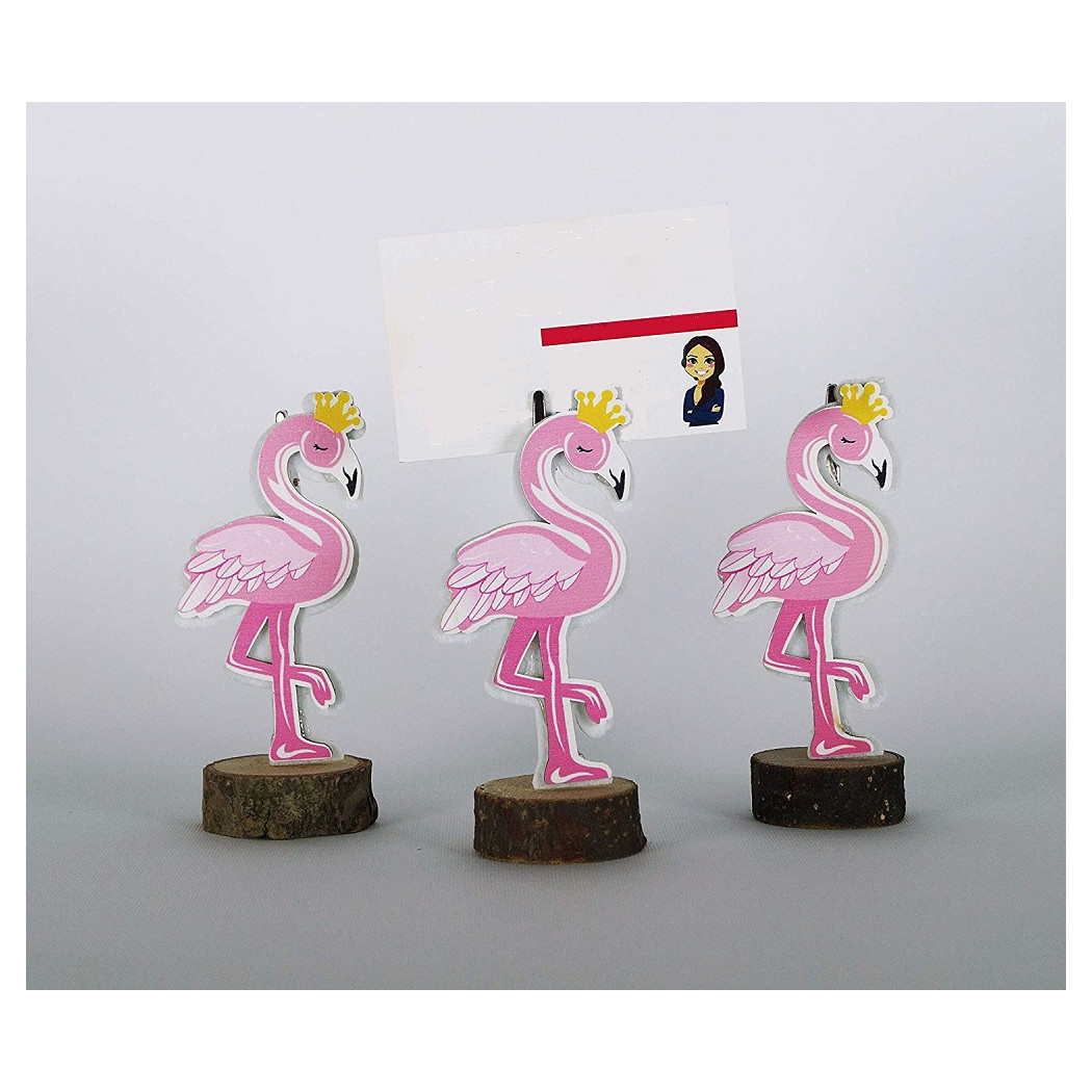 foto del prodotto trade shop portafoto fenicottero rosa 3pz base legno design segnaposto tavolo bomboniera festa 