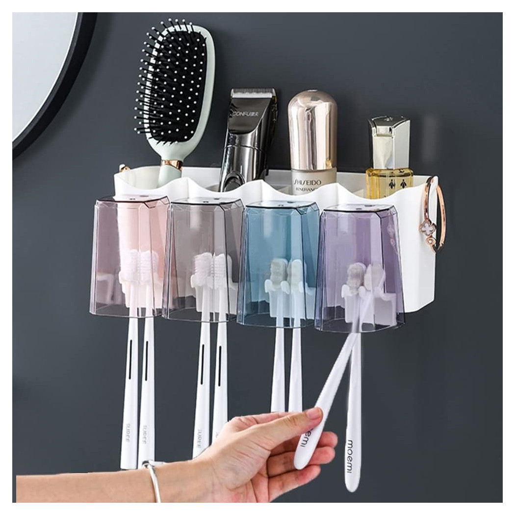 foto del prodotto trade shop portaspazzolino adesivo multifunzione organizer per spazzolino denti con 4 tazze 4 slot 