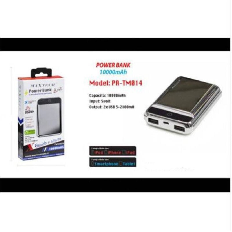 foto del prodotto trade shop power bank 10000 mah 2 usb carica batteria portatile esterno maxtech pa tm014 