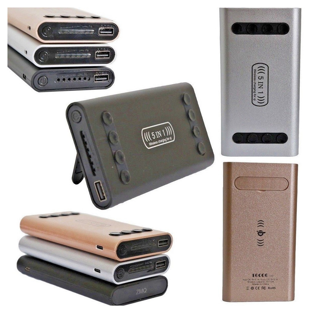 foto del prodotto trade shop power bank 5 in 1 caricatore wireless senza fili qi led 10000mah carica batteria 