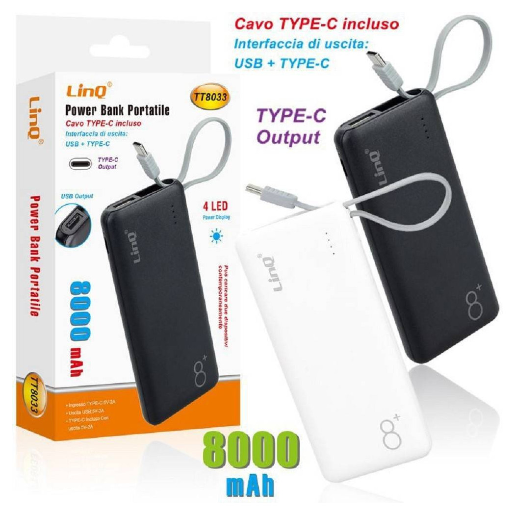 foto del prodotto trade shop power bank batteria esterna portatile ricaricabile 8000mah con plug type c tt8033 