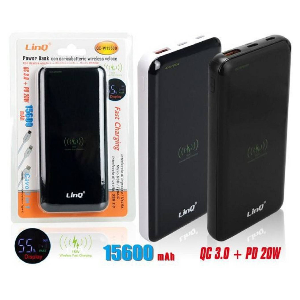 foto del prodotto trade shop power bank batteria esterna ricarica veloce wireless 15600mah caricabatteria qc w15600 