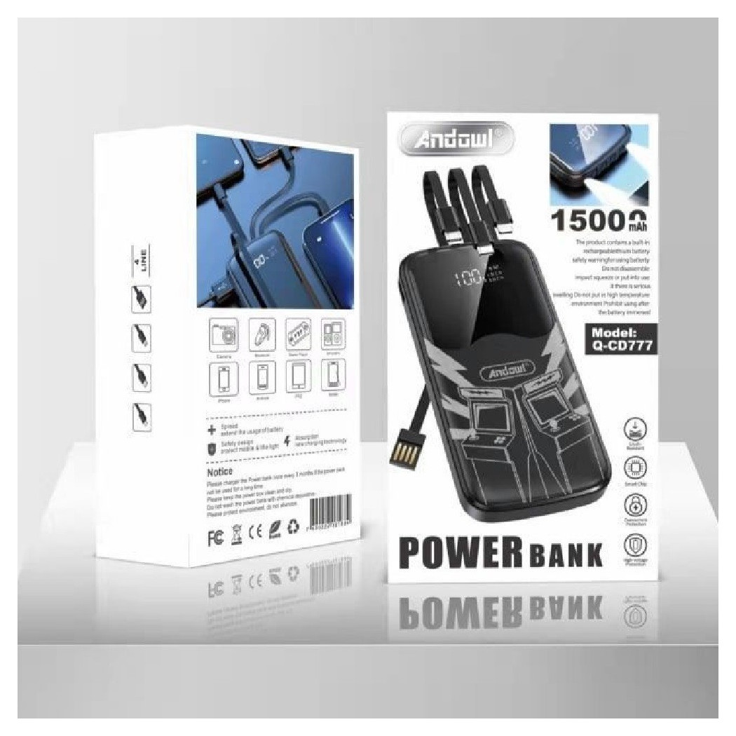 foto del prodotto trade shop power bank portatile a 4 cavi con chip intelligente 15000mah q cd777 con torcia 