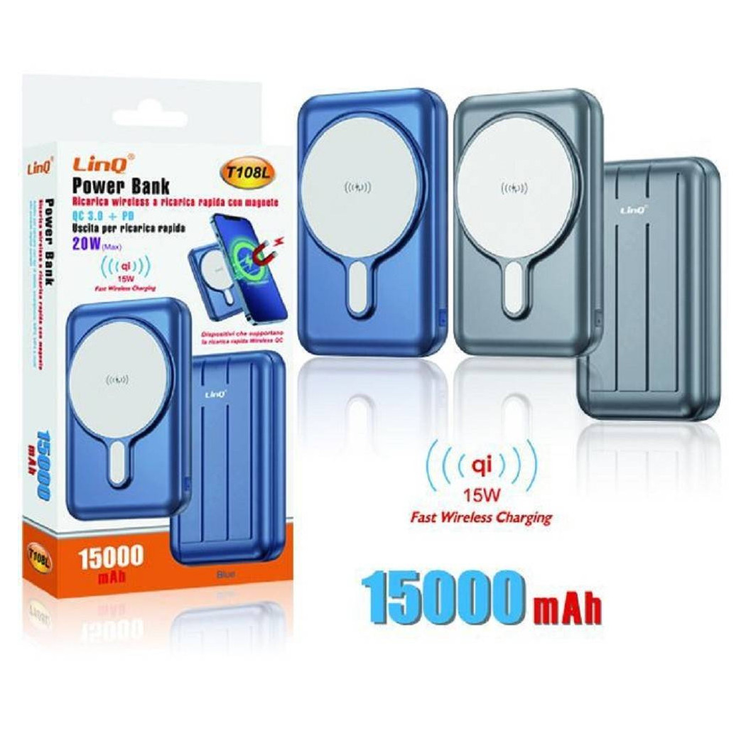 foto del prodotto trade shop powerbank 15000mah ricarica rapida wireless con magnete 15w qc 3.0 pd 20w t108l 