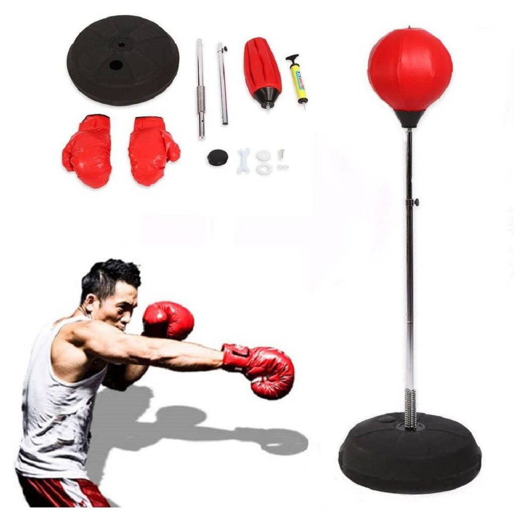 foto del prodotto trade shop punching ball boxe palla base alto 1,2mt con guanti guantoni adulti adolescenti 