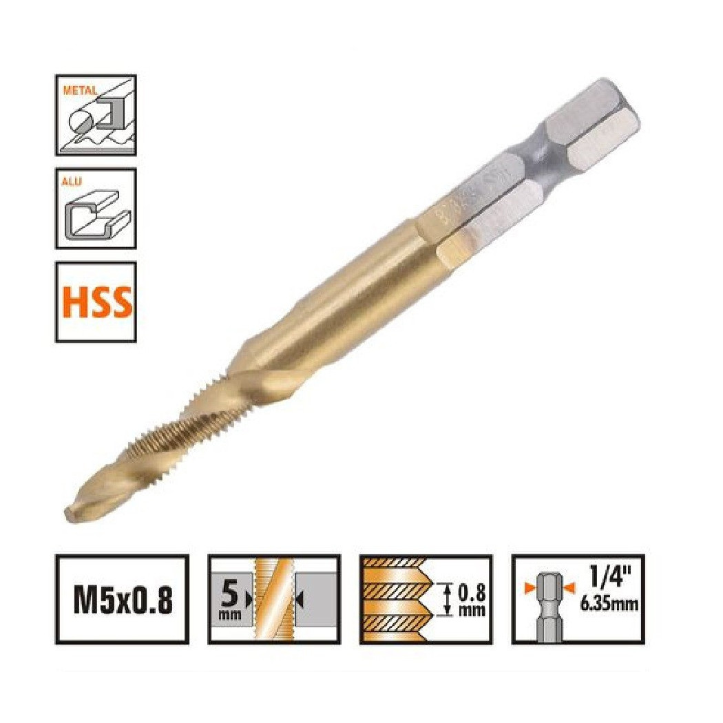 foto del prodotto trade shop - punta per trapano m5x0.8mm in titanio hss con filettatura metrica metallo 57211 -