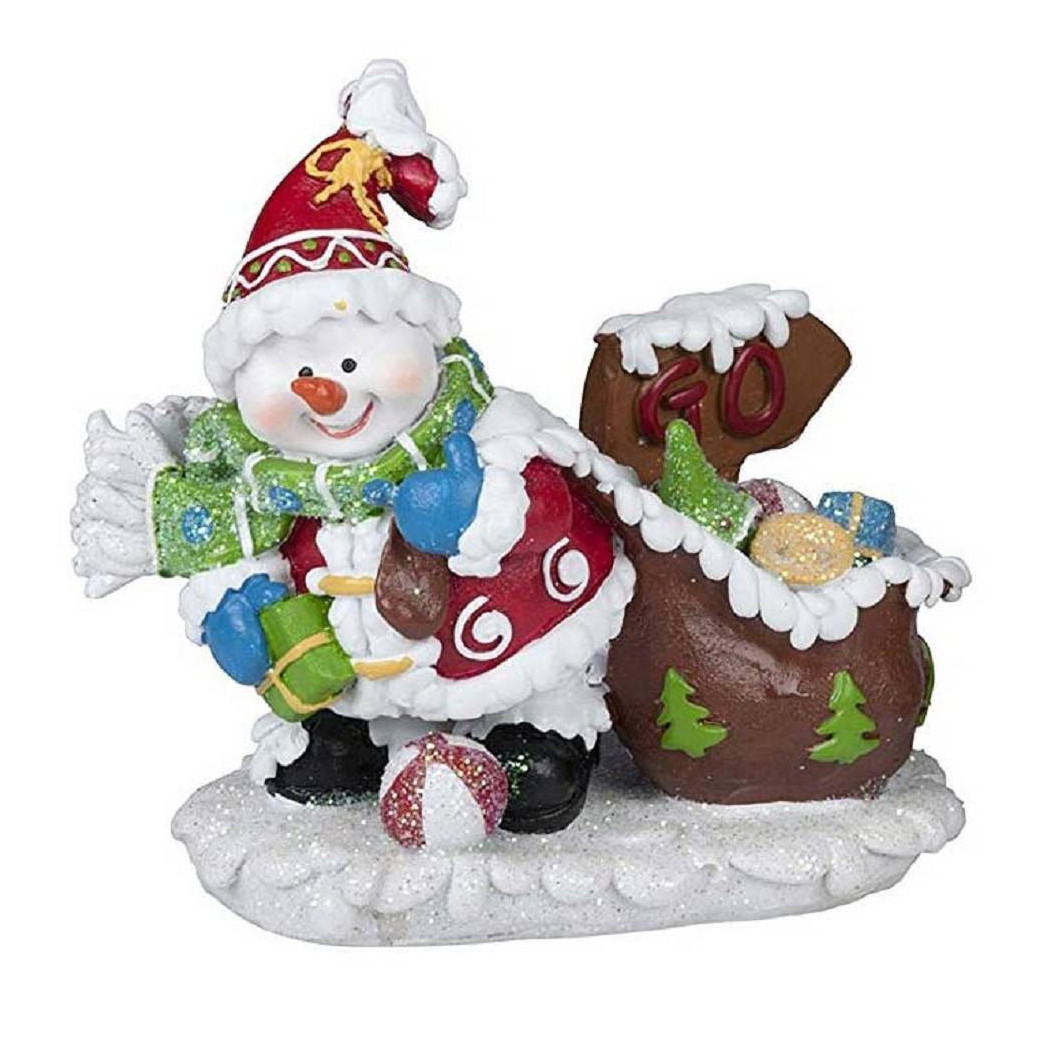 foto del prodotto trade shop pupazzo di neve con sacco scena natalizia 12cm in poliresina modello casuale 