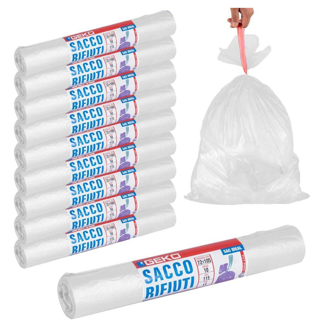 foto del prodotto trade shop rotoli sacchetti buste per spazzatura 115lt 72x105 chiusura con laccetto bianco 