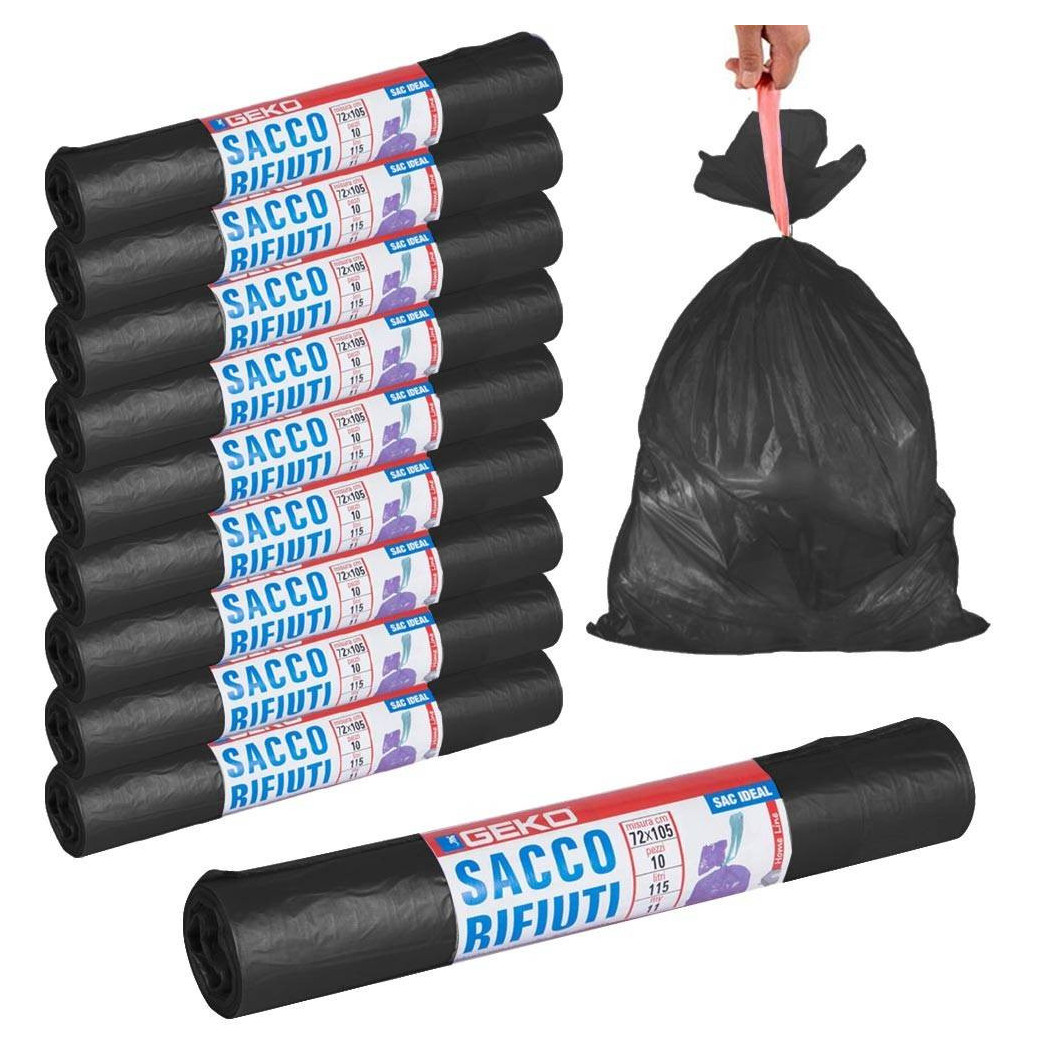 foto del prodotto trade shop rotoli sacchetti buste per spazzatura 115lt 72x105cm chiusura con laccetto nero 