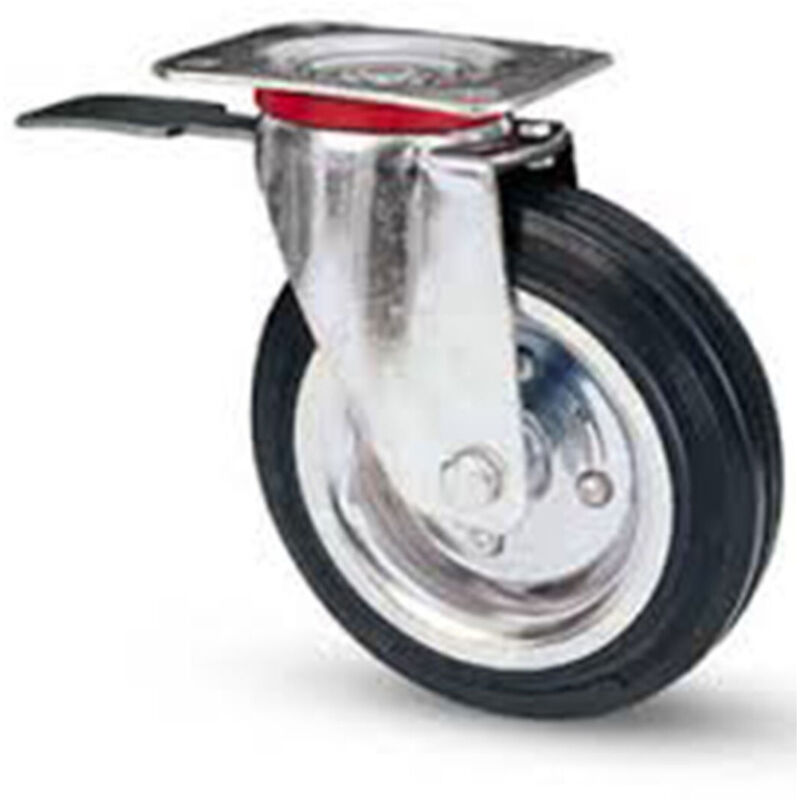 foto del prodotto trade shop ruota in gomma con piastra girevole con freno avo flange in acciaio 125 mm 