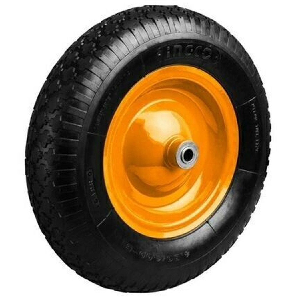 foto del prodotto trade shop - ruota pneumatica gommata nera con cuscinetti per carrello carriola 16"" 4.00-8 -
