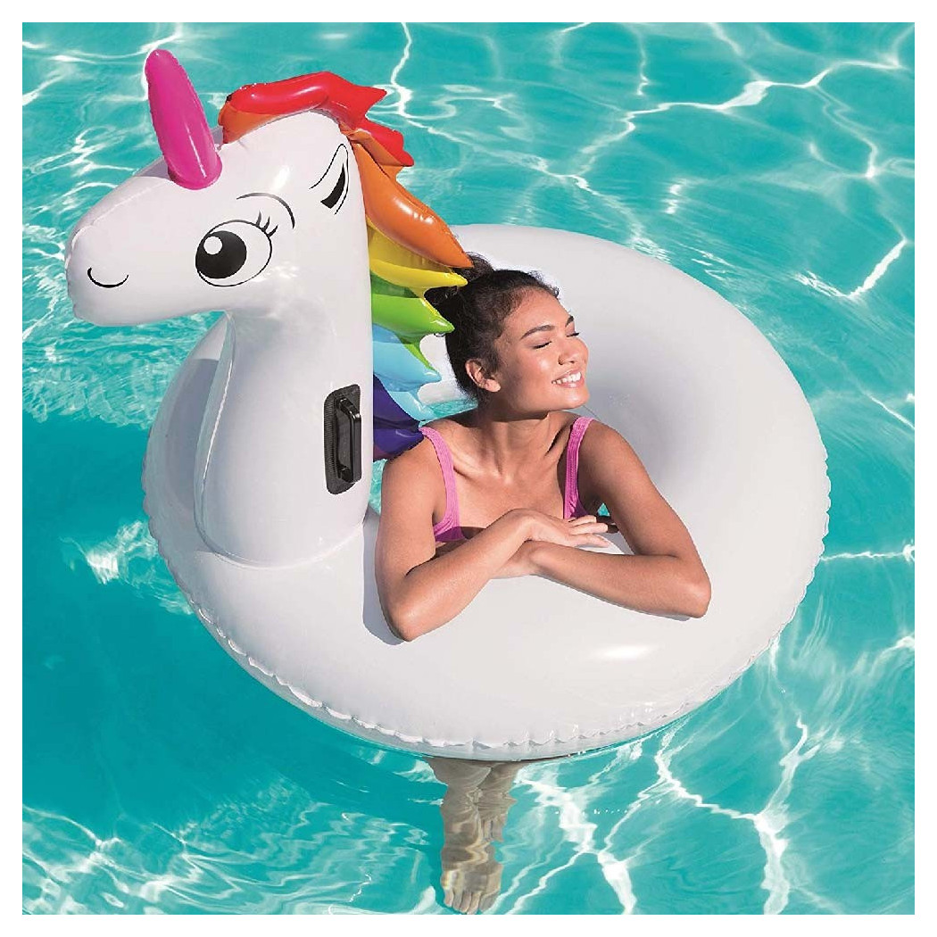 foto del prodotto trade shop salvagente unicorno cavalcabile bianco arcobaleno ciambella 136 x 131 cm 