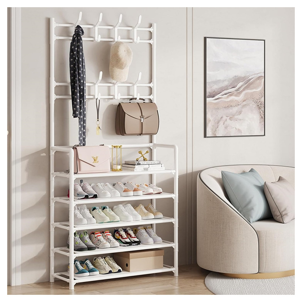 foto del prodotto trade shop scarpiera cappelliera da terra casa appendiabiti 3 in 1 panca scarpe con 8 ganci bianco